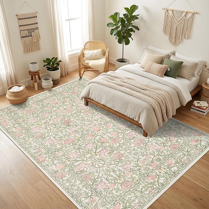 GarveeHome Pink and Green Vintage Floral Washable Rugs 8x10 for Living Room Boho Retro Botanical Rug Low Pile Stain Resistance Non Slip Carpet for Bedroom Nursery Dining Room