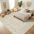 GarveeHome Pink and Green Vintage Floral Washable Rugs 8x10 for Living Room Boho Retro Botanical Rug Low Pile Stain Resistance Non Slip Carpet for Bedroom Nursery Dining Room