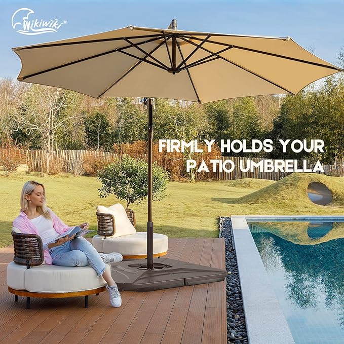 wikiwiki 230 Lbs Cantilever Offset Patio Umbrella Base, 4 PCS Weighted Umbrella Base for Outdoor Patio with Fill Spouts for Water or Sand, Square Compact Stand Plate Set, Dark Brown