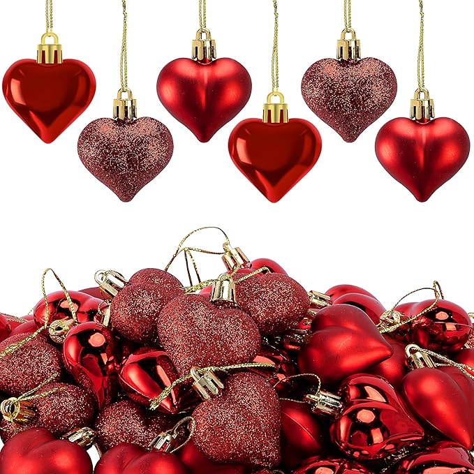 60pcs Valentine's Day Heart Ornaments - Valentine's Mother's Day Heart Baubles Shaped Hanging Ornaments Decoration for Valentine Tree Wedding Anniversary Party (Red)