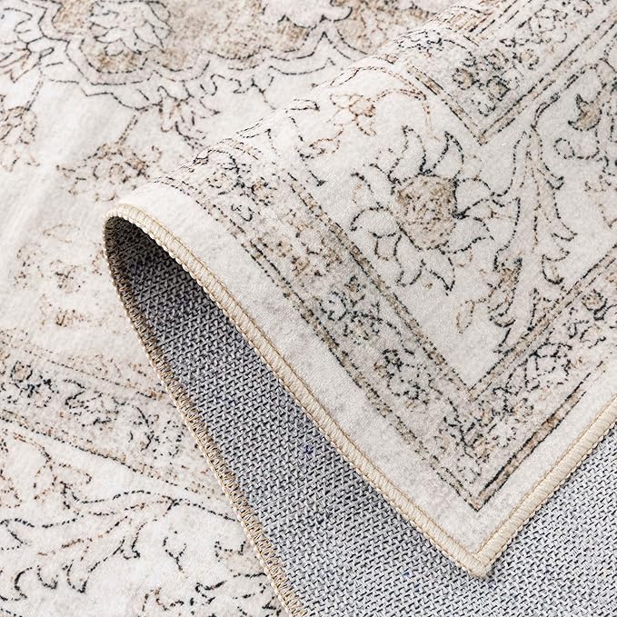 Beige Area Rug 9x12 Washable Vintage Carpet for Living Room Bedroom Large Soft Retro Low Pile Thin Indoor Rug Non Slip Oriental Medallion Floor Cover for Dining Room Office