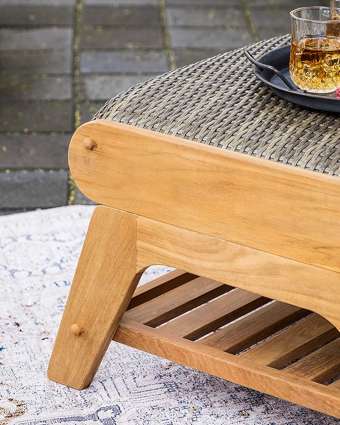 Cambridge Casual Auburn Teak Outdoor Ottoman, All Weather Padded Woven Seat