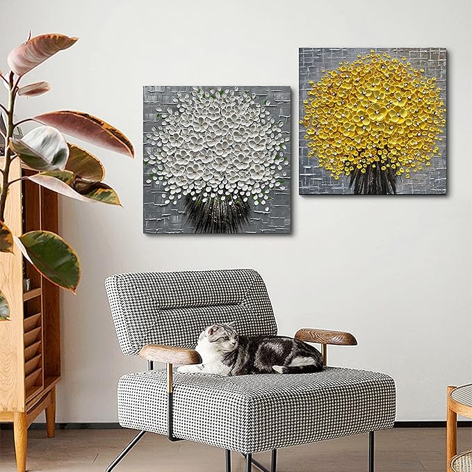 Epicler 24x24 Inch Hand-Painted 3D Yellow Flower Art Oil Painting, Modern Flower Canvas Wall Painting, Contemporary Abstract Canvas Oil Painting Home Wall Decoration