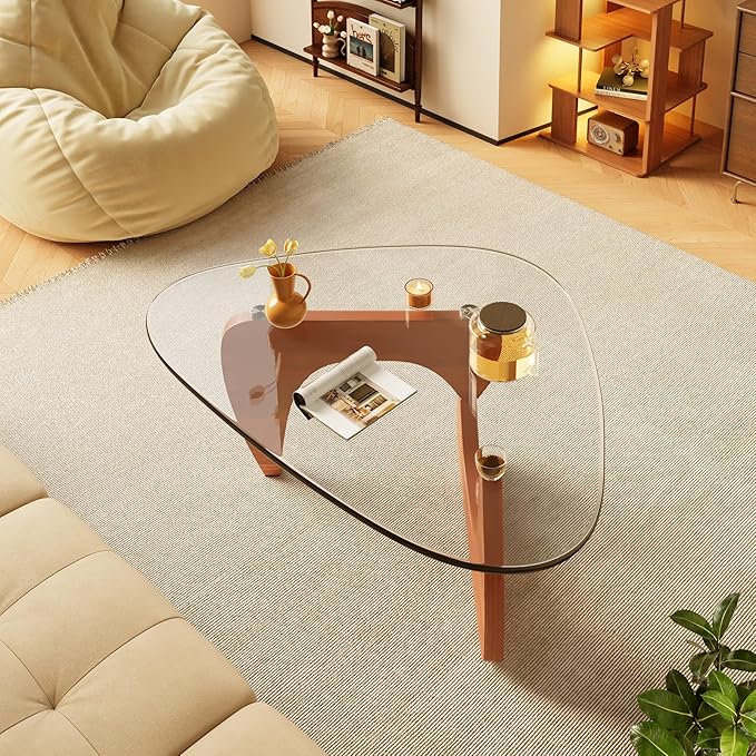 Coffee Tables Glass Small Farmhouse Coffee Table Mid-Century Modern Wood Center Table for Living Room, Walnut Transparent, 36 Inch