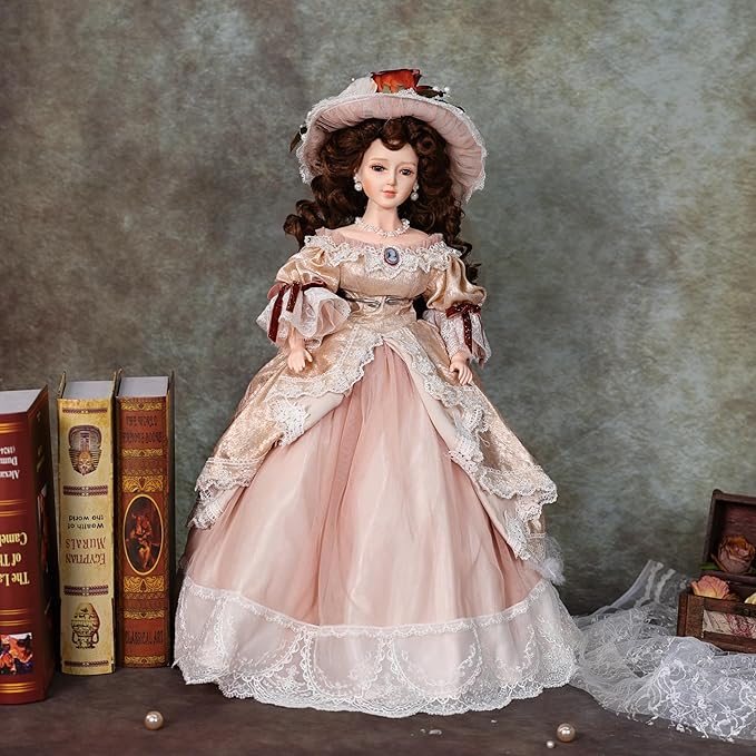 22 Inch 55cm Porcelain ＆ Fabric Victoria Doll, European Retro Handmade Ceramic Doll with Showing Stand for Room Decor, Birthday Gifts, Collectible，Name Lenore