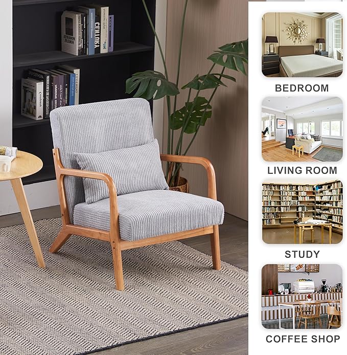 KEIKI Mid-Century Modern Upholstered Accent Chair, Solid Wood Lounge Chair for Living Room