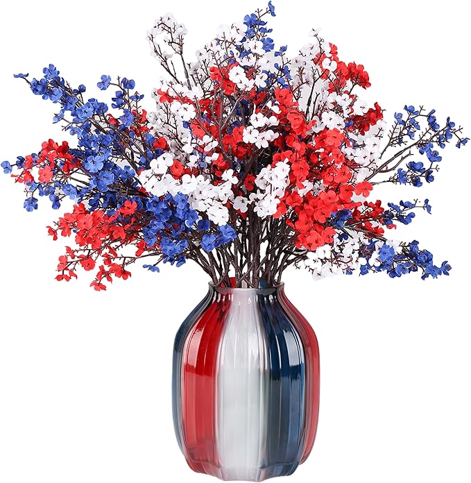4th of July Red White and Blue Decorations Flowers 12 Bundle Artificial Babys Breath Fake Silk Patriotic Flowers for Independence Day Americana Home Decor Floral Indoor Arrangement Table Centerpieces