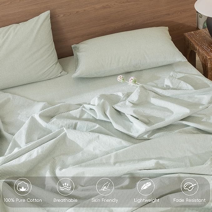 MooMee Striped Duvet Cover Set 100% Washed Cotton Linen Like Textured Breathable Durable Soft Comfy (Sage Green White Pinstripes, Super King 108"x98")