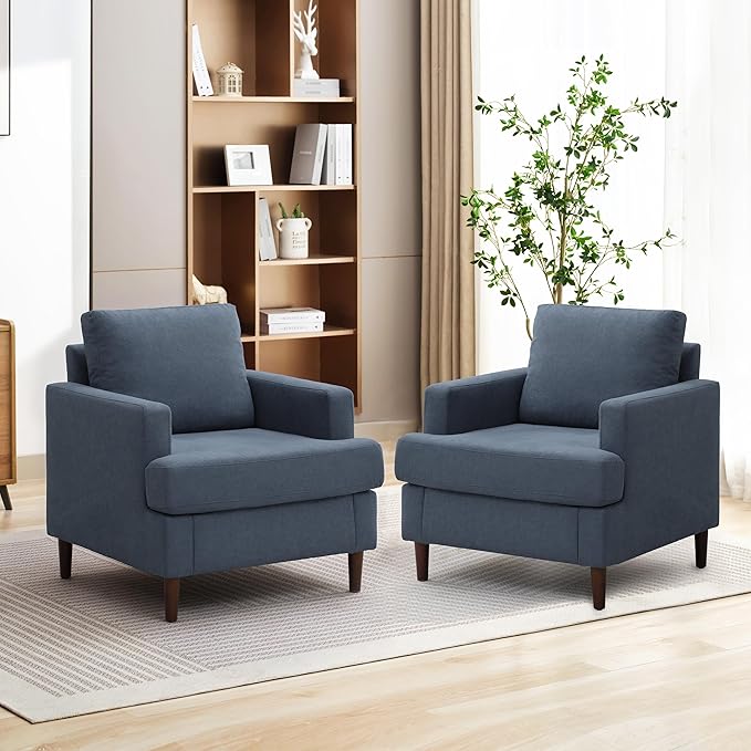 Mid-Century Accent Chair, Comfy Upholstered Reading Accent Chairs for Bedroom, Modern Linen Fabric Armchair for Living Room, Single Sofa Chair with Wood Legs (Blue Grey, 2 Pack)