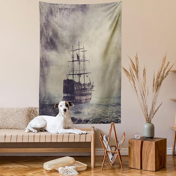 Ambesonne Nautical Tapestry Twin Size, Old Pirate Ship in the Sea Historical Cruise Retro Voyage Grunge Style Art, Wall Hanging Bedspread Bed Cover Wall Decor, 68" X 88", Tan Plum