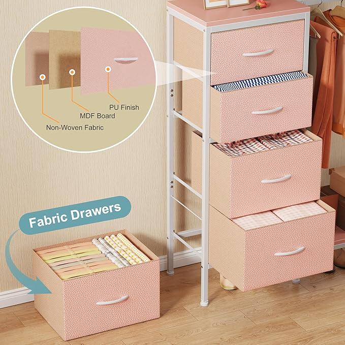 Dresser with Hanging Rack, 4 Drawers Small Closet for Bedroom, Reversible Fabric Kids Chest of Drawers with Clothes Rack, Tall Storage Tower, Sturdy Frame, Pink, 44''H