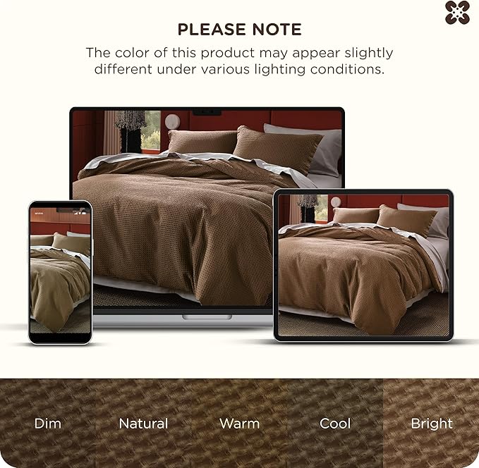 Bedsure Cotton Duvet Cover Queen Size - 100% Cotton Waffle Weave Brown Duvet Cover Queen Size, GentleSoft™ and Breathable Bedding Set for All Season, 3 Pieces, 90"x90"