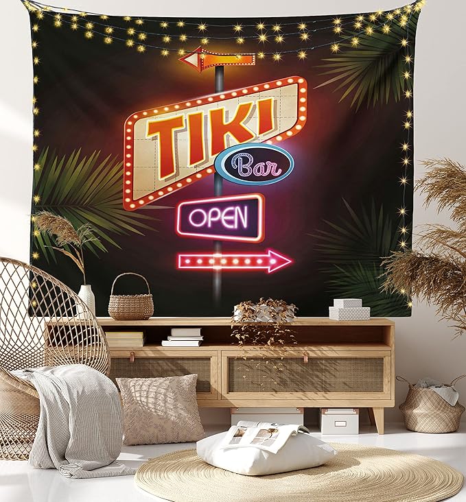 Ambesonne Tiki Bar Tapestry Twin Size, Old Fashioned Neon Signs Illustration of Open Bar Palm Tree Branches Roadside, Wall Hanging Bedspread Bed Cover Wall Decor, 68" X 88", Dark Purple