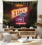 Ambesonne Tiki Bar Tapestry Queen Size, Old Fashioned Neon Signs Illustration of Open Bar Palm Tree Branches Roadside, Wall Hanging Bedspread Bed Cover Wall Decor, 88" X 88", Dark Purple