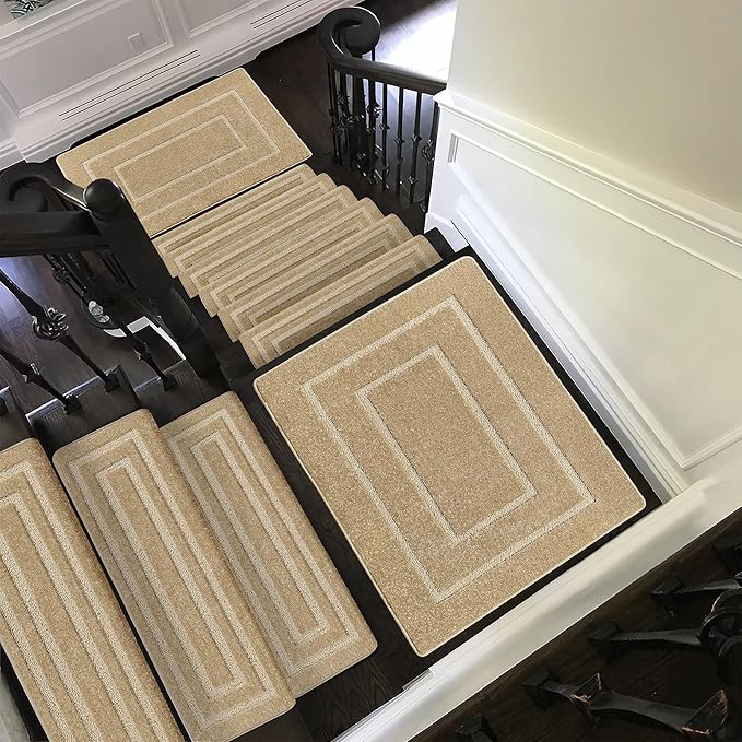 PURE ERA Bullnose Carpet Stair Treads Set Tape Free Non-Slip Indoor Stair Protectors Pet Friendly Rugs 9.5" x 30"(7 Pieces,Khaki Rectangular)