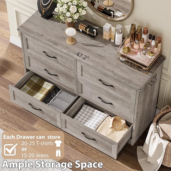 GAOMON Farmhouse 6 Double Drawers Dresser for Bedroom, 47.2'' Wide Chest of Drawer, Wooden Horizontal Dresser with Metal Handles and Stable Base, Modern Cabinet for Bedroom, Living Room, Grey
