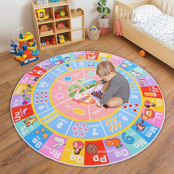 Kids Rugs for Playroom - Soft & Non-Slip 6x6 Feet Round Educational Rug for Learning ABC Alphabet, Numbers, Shapes & Season, Washable Classroom Rug for Toddler Nursery & Kids Room Decor