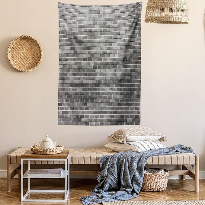 Ambesonne Grey and White Tapestry Twin Size, Modern Brick Wall Tiles Urban Construction Architecture Building Town Art Picture, Wall Hanging Bedspread Bed Cover Wall Decor, 68" X 88", Grey
