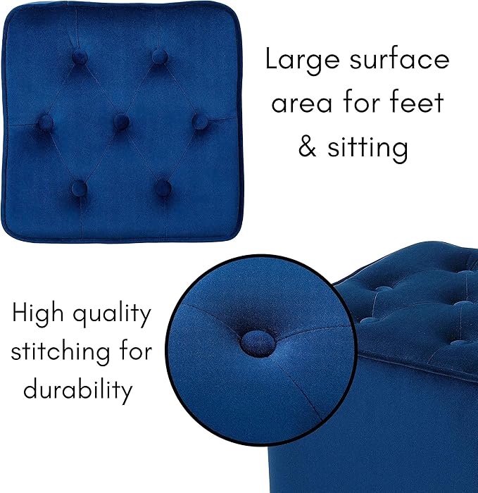BIRDROCK HOME Tufted Navy Velvet Ottoman Foot Stool - Square - Soft Compact Padded Stool - Great for The Living Room, Bedroom and Kids Room - Upholstered Small Furniture