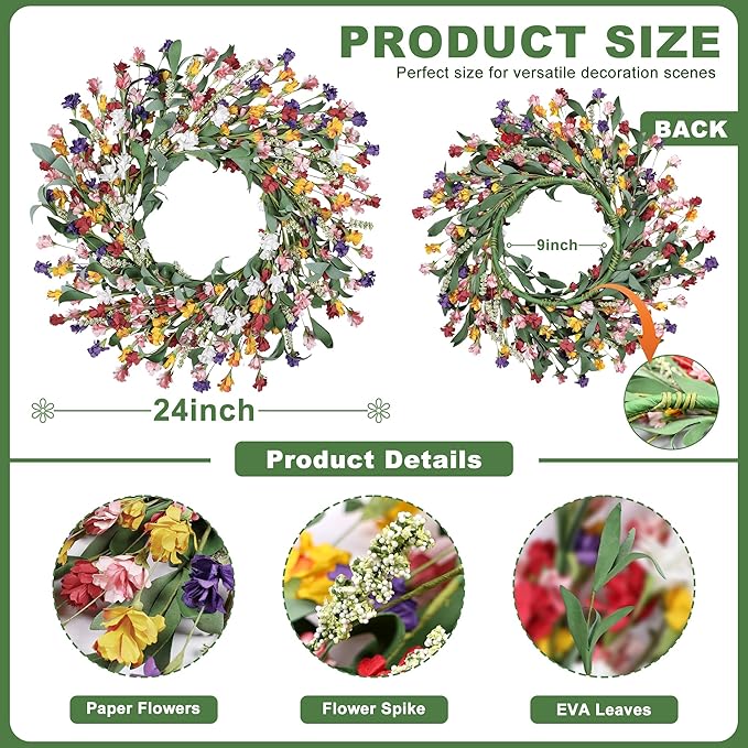 Wreaths for Front Door, 24 Inch Spring/Summer Front Door Wreath, Colorful Paper Flower Wreath for All Seasons for Indoor Home Wall Window Office Wedding Farmhouse Decor (Mixed)