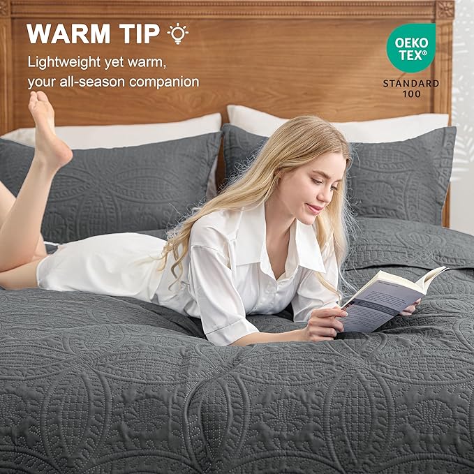 Love's cabin Twin Quilt Set Dark Grey Bedspreads Bedding Set - Soft Bed Lightweight Bedspread Comforter - Modern Style Coin Pattern Coverlet for All Season - 2 Pieces (1 Quilt, 1 Pillow Sham)