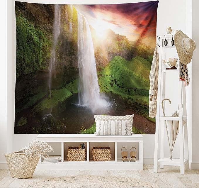 Ambesonne Waterfall Tapestry, Waterfalls at Sunset Sky in Iceland Scenic Spring Rural Wildlife Art Image, Fabric Wall Hanging Decor for Bedroom Living Room Dorm, 23" X 28", Green Orange