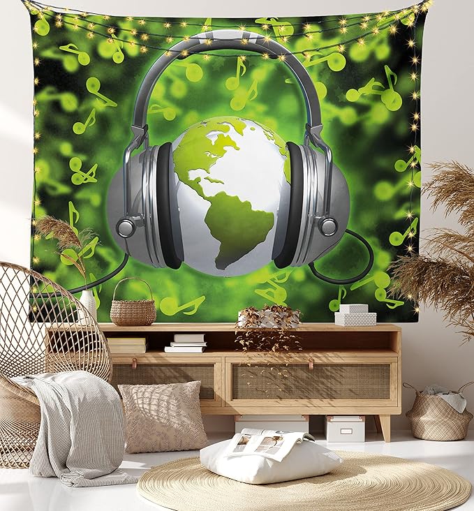 Ambesonne World Tapestry Twin Size, World of Music Themed Composition DJ Headphones Musical Notes and Earth Globe, Wall Hanging Bedspread Bed Cover Wall Decor, 68" X 88", Lime Green Grey