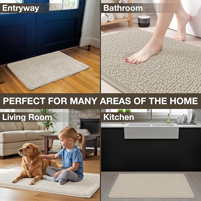 Neater Home Plush Bathroom Rugs 30x20 Thick Chenille Quick Dry Microfiber Absorbent Bath Mat, Soft Bath Rugs, Machine Washable Bathroom Floor Mat for Tub Shower Sink, Home Decor Accessories, Beige