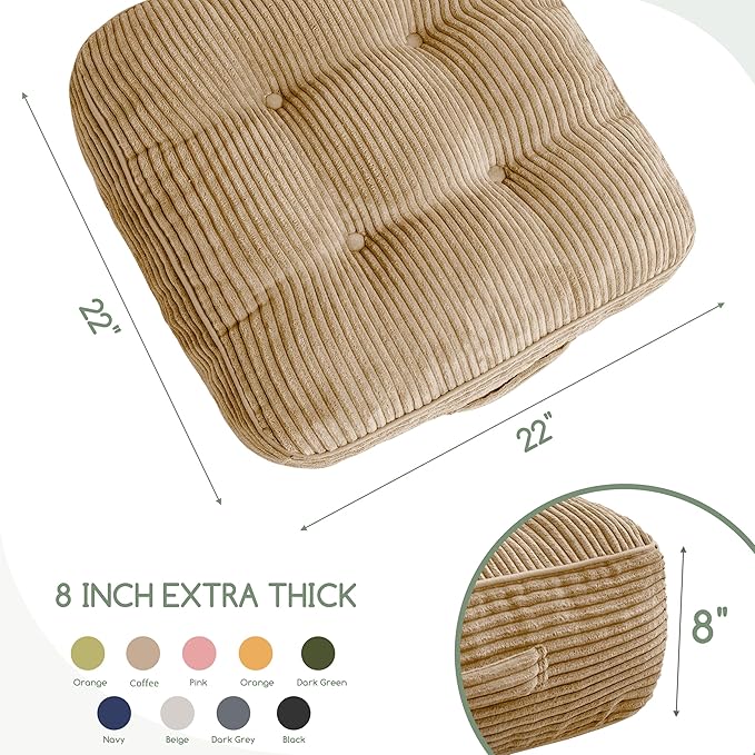 8" Washable Floor Pillow Cushion for Adults, Meditation Cushion Pillow, Large Square Floor Sitting, Removable Tufted Corduroy Cover, for Tatami Living Room or Yoga, 22x22 Inch, Machine Washable
