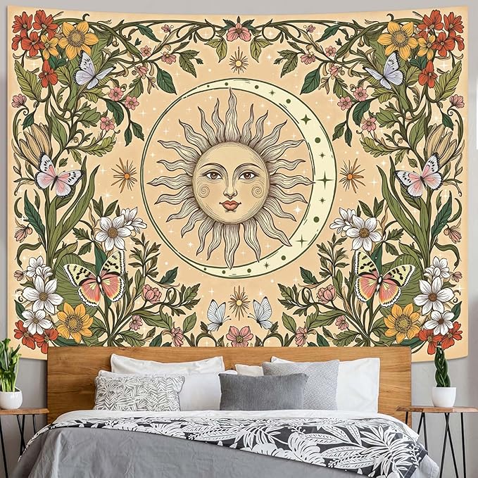 Accnicc Boho Sun and Moon Tapestry Vintage Floral Wall Tapestry for Bedroom Aesthetic Beige Celestial Plant Flower Butterfly Small Tapestries Wall Hanging for Living Room Dorm 48 x 36 Inch