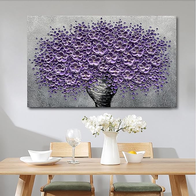 Epicler art hand-painted purple 3D flower decorative oil painting, flower wall decorative frame wall Art, modern Art living room, bedroom, office, hotel restaurant wall Art 28x40 inch