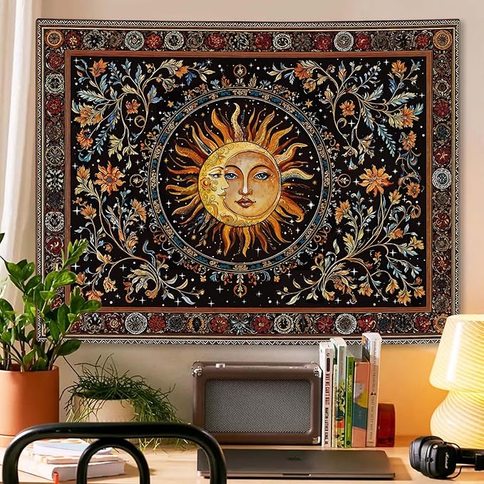 Accnicc Vintage Sun and Moon Tapestry Hippie Indie Boho Floral Wall Tapestry for Bedroom Aesthetic Stained Glass Celestial Plant Large Tapestries Wall Hanging for Living Room Dorm 80 x 60 Inch
