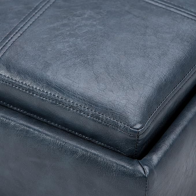 SIMPLIHOME Rockwood Cube Storage Ottoman with Tray - 17 inch Wide Upholstered Vegan Leather Square Storage Ottoman in Denim Blue, Contemporary Cube Ottoman for Living Room with Serving Tray