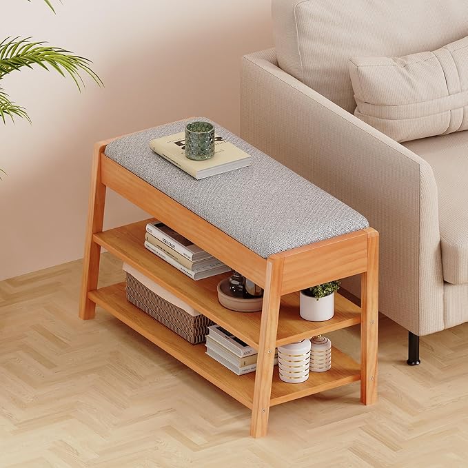 PARTPHONER Shoe Rack Bench with Storage, 2-Tier Solid Wood Entryway Bench with Cotton-Linen Cushion, Multipurpose Storage Organizer Bench for Bedroom, Hallway, Living Room, 31.5”