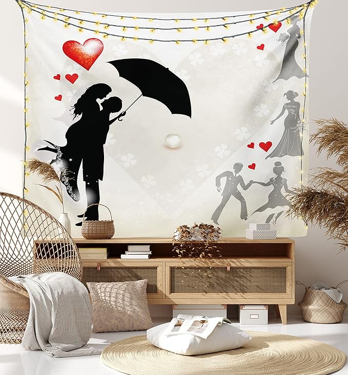 Ambesonne Wedding Tapestry Twin Size, Couple in Love Umbrella Red Hearts Daisies Romance in the Air Celebration, Wall Hanging Bedspread Bed Cover Wall Decor, 68" X 88", Black White Red
