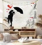 Ambesonne Wedding Tapestry King Size, Couple in Love Umbrella Red Hearts Daisies Romance in the Air Celebration, Wall Hanging Bedspread Bed Cover Wall Decor, 104" X 88", Black White Red