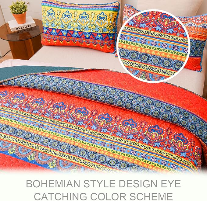 Exclusivo Mezcla Reversible Boho Quilts Queen Size, Blue Bedspreads Lightweight Coverlet All Season Bohemian Quilt Bedding Set with Printed Floral Pattern (1 Quilt, 2 Pillow Shams)