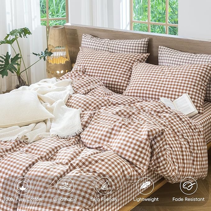 MooMee Gingham Duvet Cover Set 100% Washed Cotton Linen Like Textured Breathable Durable Soft Comfy Modern Checkered Design (Dark Orange Gingham, Palatial King/Oversized King 120"x98")