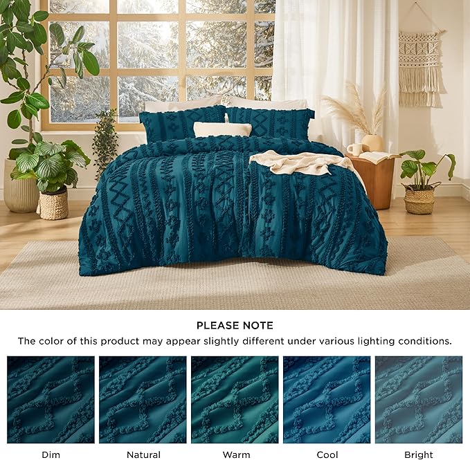 Bedsure Tufted Boho Comforter Set Queen Size - Teal Boho Bed Set, GentleSoft 3 Pieces Farmhouse Shabby Chic Embroidery Bedding, Gifts for Woman, Soft Jacquard Queen Comforter for All Seasons