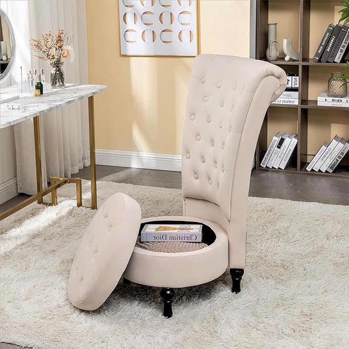 Royal High-Back Velvet Accent Chair for Vanity with Storage and Luxurious Upholstery, Retro Design and Versatile Usage for Living Room, Bedroom, Lounge and Office, Ivory
