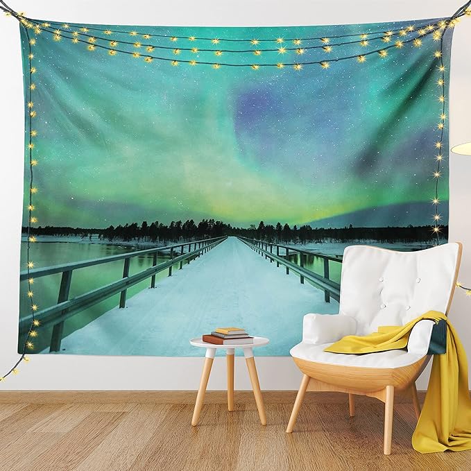 Ambesonne Aurora Borealis Tapestry, Long Mystic Sky over Bridge in Snowy Arctic Frozen River Image, Fabric Wall Hanging Decor for Bedroom Living Room Dorm, 45" X 30", Lime Green Petrol Blue