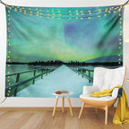 Ambesonne Aurora Borealis Tapestry, Long Mystic Sky over Bridge in Snowy Arctic Frozen River Image, Fabric Wall Hanging Decor for Bedroom Living Room Dorm, 45" X 30", Lime Green Petrol Blue