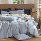 MooMee Wavy Striped Duvet Cover Set 100% Washed Cotton Linen Like Textured Breathable Durable Soft Comfy (Cornflower Blue, Queen 90"x90")