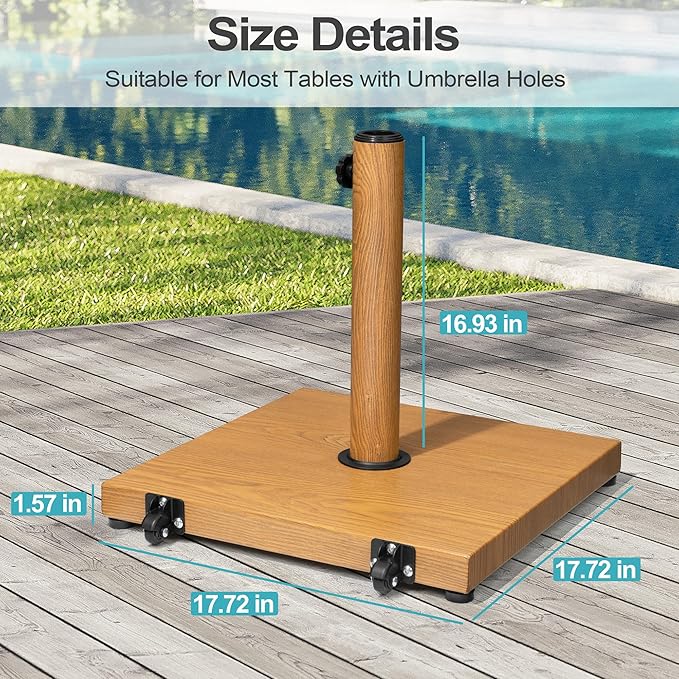 Patio Umbrella Base 43lbs Outdoor Umbrella Stand with Wheels, Heavy Duty Square Concrete Stand Market Umbrella, Teak