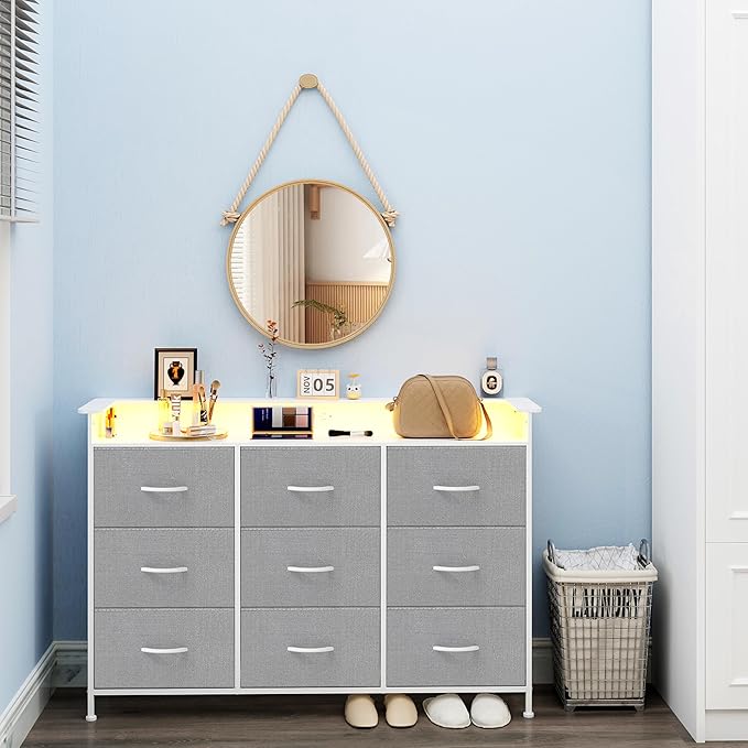 EXOTICA Gray Dresser with LED Light for Bedroom 9 Drawer Dresser with Charging Station Dressers & Chests of Drawers for Entryway Closet Kids Room Hallway Sturdy Steel Frame Wooden Top Easy Pull Handle