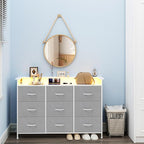 EXOTICA Gray Dresser with LED Light for Bedroom 9 Drawer Dresser with Charging Station Dressers & Chests of Drawers for Entryway Closet Kids Room Hallway Sturdy Steel Frame Wooden Top Easy Pull Handle