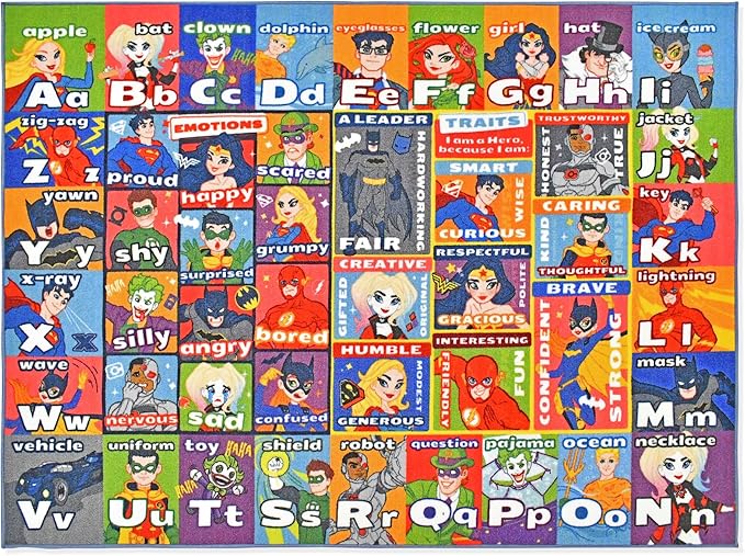 DC Super Friends Educational Kids Rug – ABC Alphabet, Emotions & Hero Traits Learning Mat – Social Skills Classroom, Playroom & Bedroom Carpet 8x10