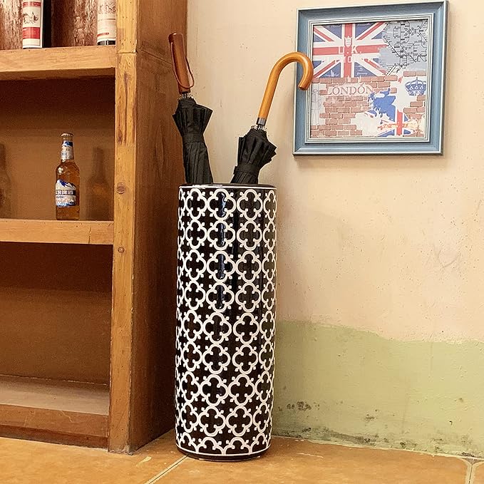 Porcelain Ceramic Umbrella Stand Holder Modern Style Floor Vase for Storage Canes Walking Sticks Golf Umbrella Mono-pods Tripod Bat Golf Club Gift Entryway Indoor 24" High Black&White