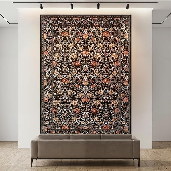 GarveeHome Brown Vintage Floral Washable 8x10 Area Rugs for Living Room Black Boho Botanical Retro Rug Low Pile Stain Resistance Non Slip Carpet for Bedroom Nursery Dining Room