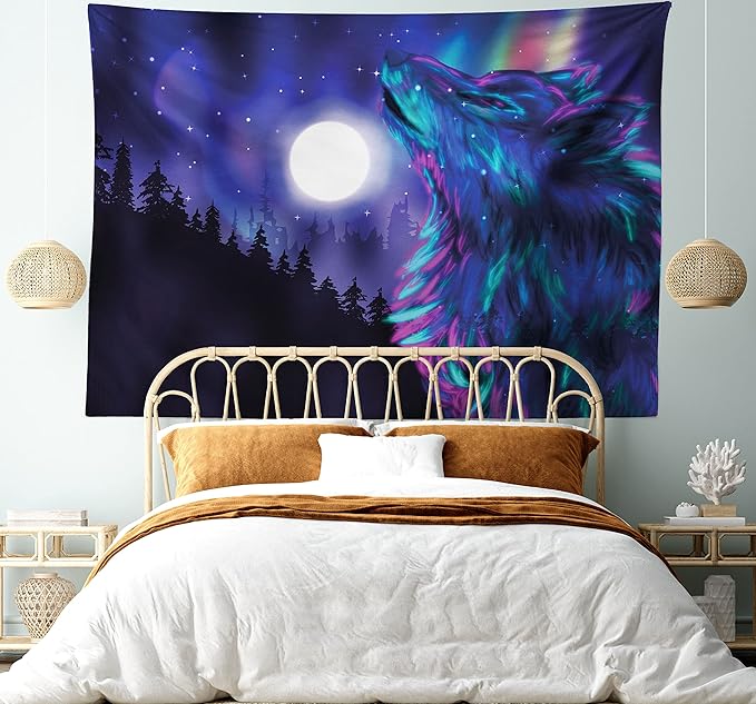 Ambesonne Moon Tapestry King Size, Northern Imagery Aurora Borealis Wolf Forest Starry Night, Wall Hanging Bedspread Bed Cover Wall Decor, 104" X 88", Magenta Indigo